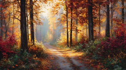 Scenic trail through colorful autumn wood high resolution HD photo