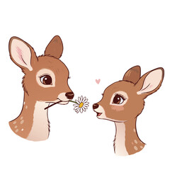 Romantic deer illustration two baby fawns with flower gentle kawaii style ideal for baby shower print t shirt wall art 