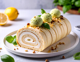 Biskuitrolle gefüllt mit Mascarponecreme und Pistazieneis