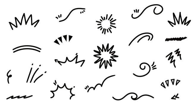 Hand-Drawn Doodle Design Elements: Decorative Comic Accents, Text Dividers, Cartoon Style Lines and Swirls Vector Set Isolated on White Background for Graphic Design Projects