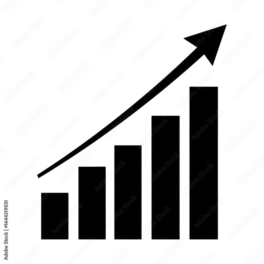 Poster business growth chart with increasing bar graph and upward arrow representing success, progress, and