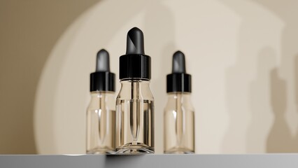 Set of clear dropper bottles with black caps on beige background. 3D Render.