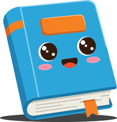 Cute blue happy book character with big eyes and orange bookmark vector illustration cartoon style 