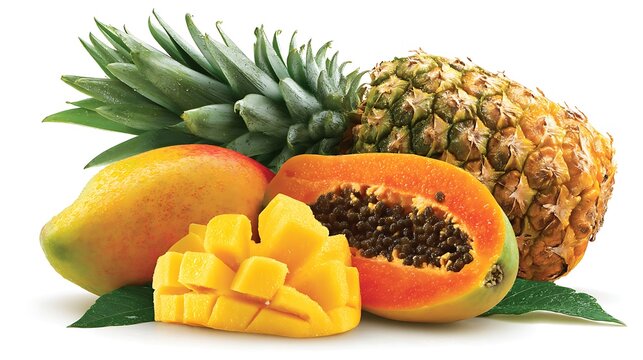 Tropical fruits like mango, papaya and pineapple on white background 