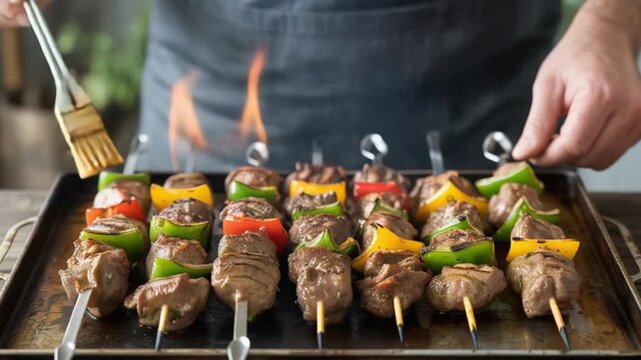 Person basting beef and vegetable kebabs with a brush while grilling them on a tray with flames