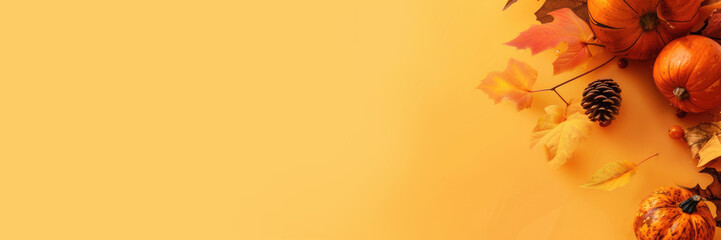 Autumn-themed Thanksgiving Day decoration with pumpkins, colorful leaves, and pine cones on a warm yellow background, horizontal banner, copy space, free space for text