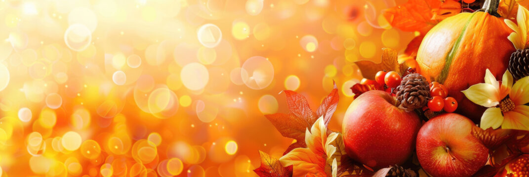 A vibrant arrangement of pumpkins, apples, and autumn leaves. The background features a warm, glowing bokeh effect, festive Thanksgiving Day atmosphere, copy space, free space for text