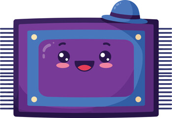 Cute purple microchip cartoon character with smiling face and blue cap vector illustration 