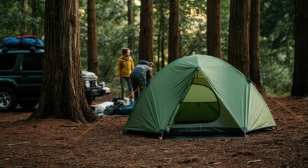 A green camping tent set up in a forest. Two people are nearby, one wearing a yellow jacket. The scene is surrounded by tall trees and pine needles on the ground.