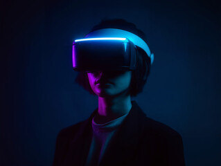 Portrait Person Wearing VR Goggles, Neon Backdrop
