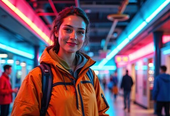 Fototapeta premium Smiling woman in an orange jacket, ready to manage children's activities