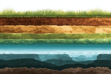 Cross-section of Earth and Soil: A layered view of earth's composition, revealing the intricate strata of soil, water, and underlying geological formations, a journey into earth's hidden depths.