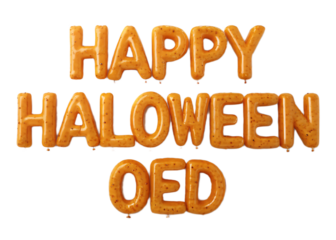Happy halloween oed text formed with orange balloon letters on a black plain background rendering