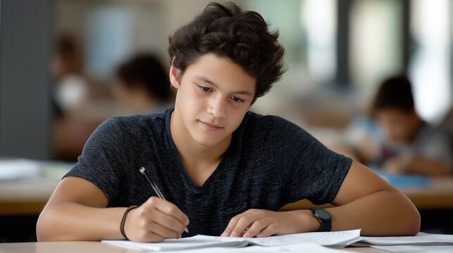Focused Latin student studying in sunlight at school