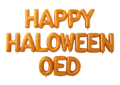 Happy halloween oed text formed with orange balloon letters on a black plain background rendering