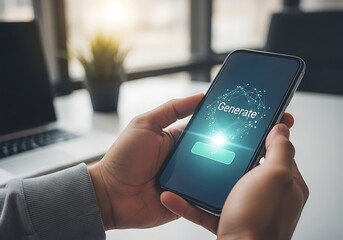 Hands holding a smartphone displaying a digital cloud icon with a glowing light and abstract data streams