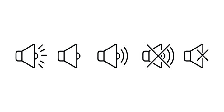 Collection of Sound Volume Icons Depicting Increasing Loudness, Silence, and Mute, Representing Audio Control and System Settings