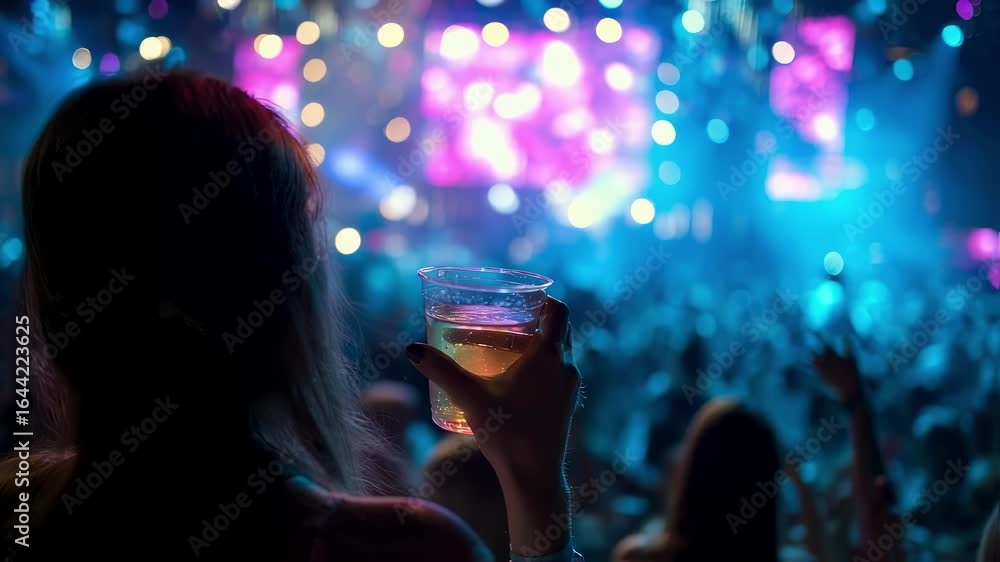Poster clear medium shot of a concertgoer holding a drink with sharp details against a backdrop of overhead