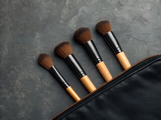 Stylish makeup brush set in a sleek black pouch placed on a grey stone background, perfect for beauty product advertising, cosmetic branding, and high-quality promotional makeup photography imagery.

