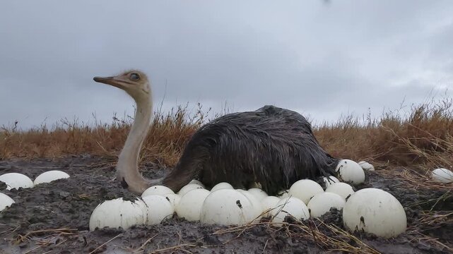 Low wide angle of a Common Ostrich (Struthio camelus) sitting on a clutch of eggs in dry savannah grassland in the afternoon in Kenya