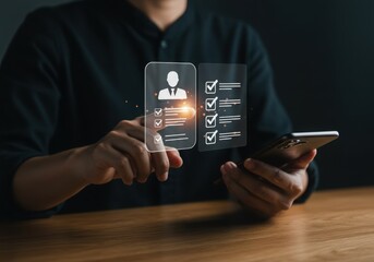 Person reviewing digital profile and task list on a futuristic interface