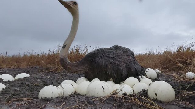 Low wide angle of a Common Ostrich (Struthio camelus) sitting on clutch of eggs in dry savannah grassland in the afternoon in Kenya