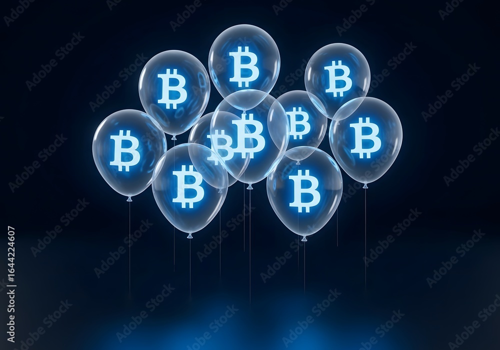 Poster illuminated bitcoin symbol balloons floating mysteriously in a dark smoky atmosphere creating a futu