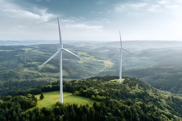 Wind turbines on a lush green hillside under a cloudy sky