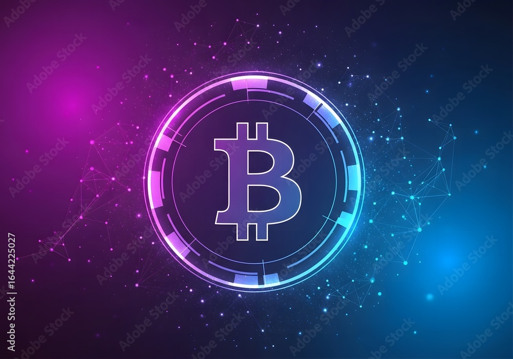 Poster glowing bitcoin symbol illuminated by neon lights against a dark digital background with particles