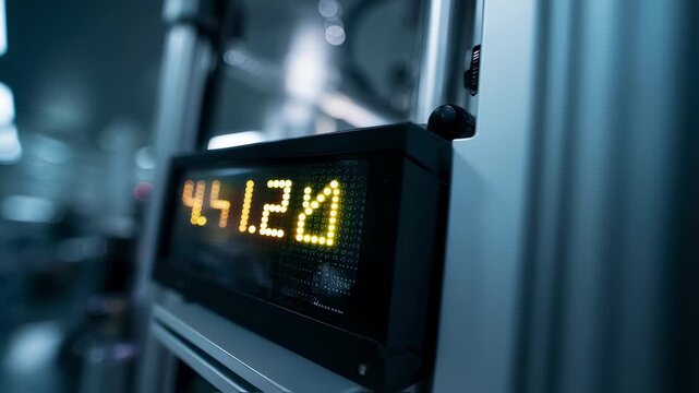 Medium shot focused on a digital display panel indicating adaptive bitrate changes during simulated low bandwidth conditions with the lab environment softly blurred behind.