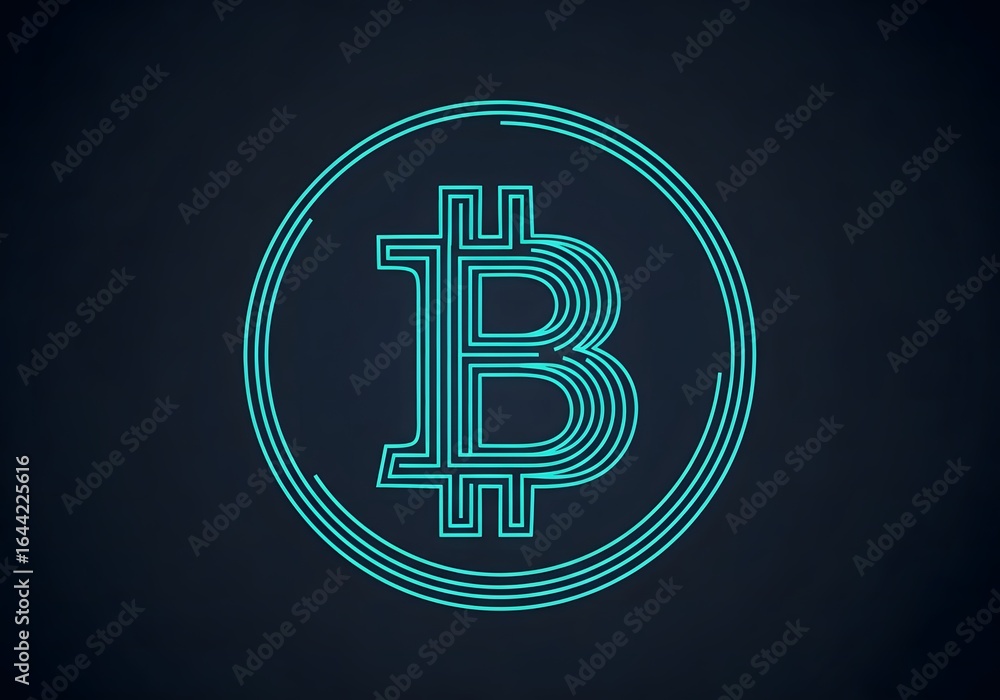 Poster glowing teal bitcoin symbol encased in a circle against a dark textured background representing digi