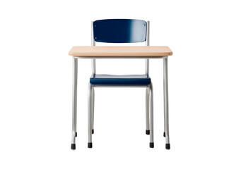 Simple wooden student desk with blue chair and metal legs on transparent background, PNG	