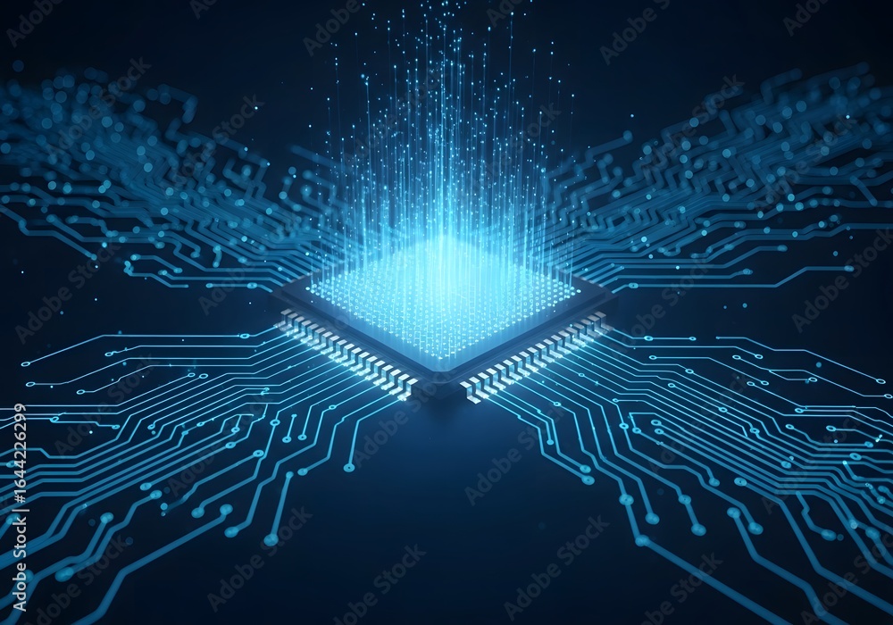 Poster futuristic glowing computer processor with intricate blue circuit board pathways emanating outwards 