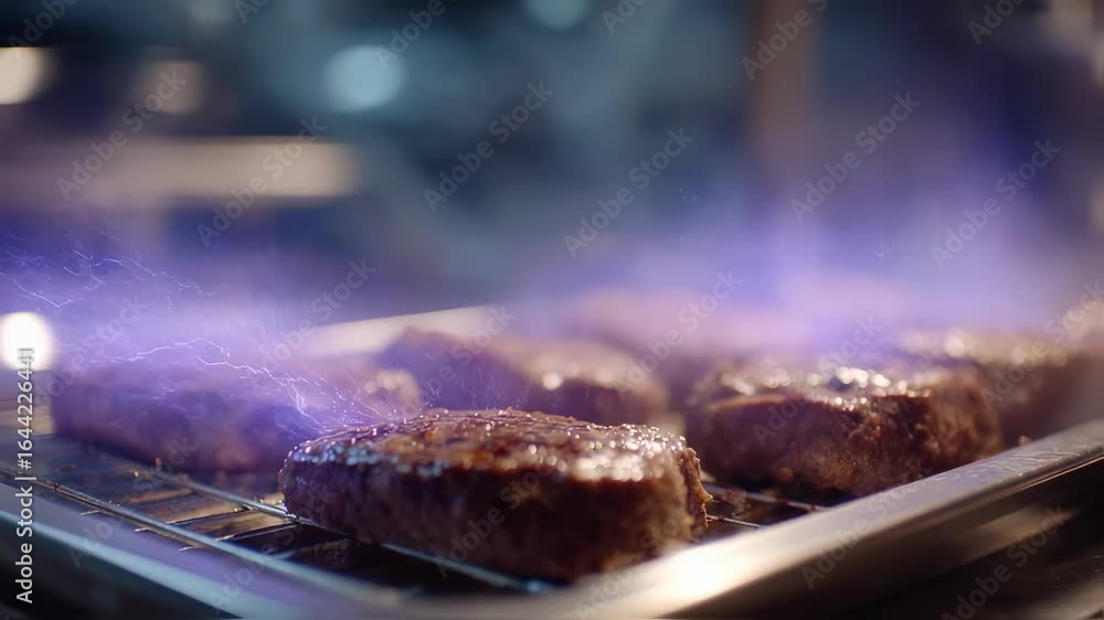 Poster close medium shot capturing the pulseelectric fields impact on plantbased steak proteins emphasizing