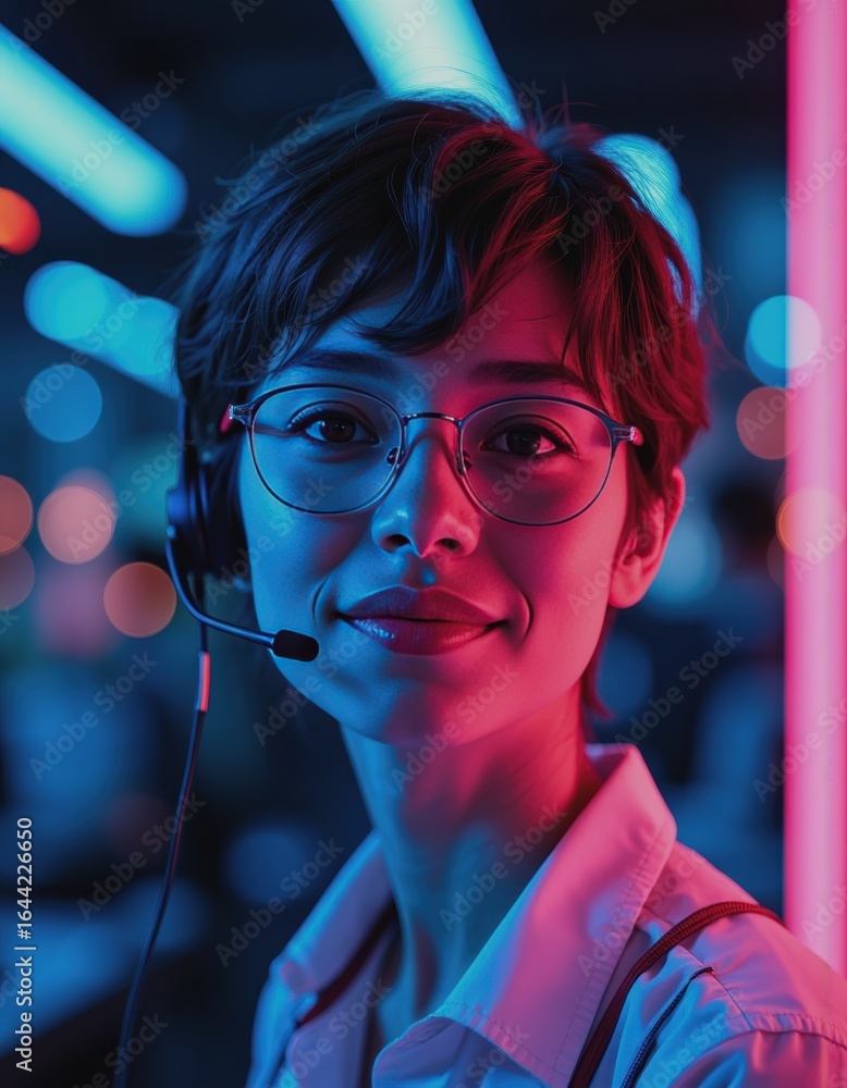Poster customer service representative assisting clients with inquiries in a vibrant setting