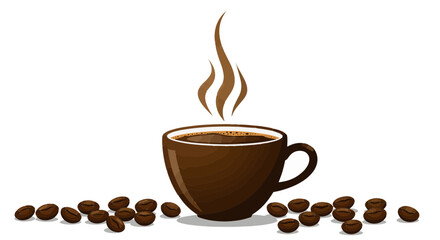 A steaming cup of coffee with grains and rich aroma.