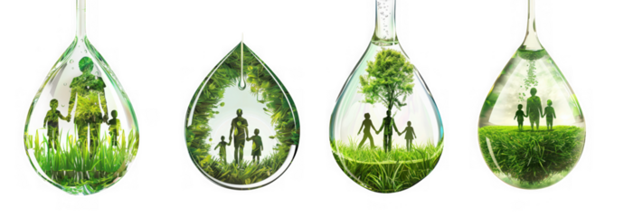 Four water drops containing silhouettes of a family within a green grassy landscape and trees, representing life and environment, isolated on transparent background