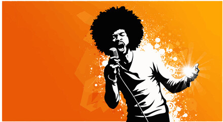 Fototapeta premium Young singer with microphone singing at a black music show.