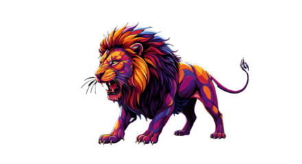 A fierce, roaring lion with a vibrant, psychedelic mane and colorful spotted body, isolated on a white background