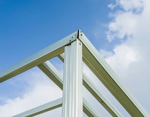Metal framework corner against a partly cloudy sky