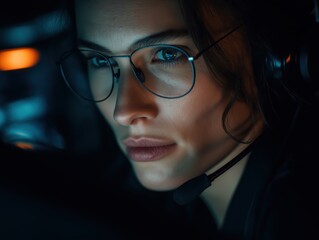 Focused woman wearing headset immersed in virtual world gaming, streaming, or working late on a tech project in a dark room