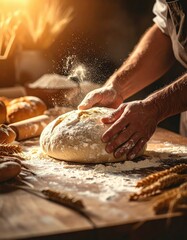 Caucasian male mature baker kneading dough in sunlit bakery with fresh ingredients