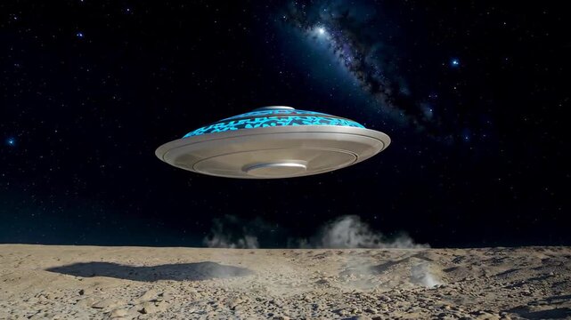 UFO landing on the moon in a scene where a flying saucer lifts off on the lunar surface