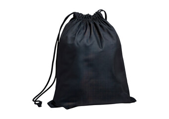Black drawstring backpack on transparent background, PNG	