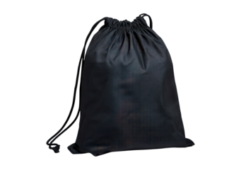 Black drawstring backpack on transparent background, PNG	