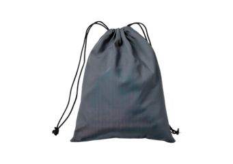 Gray drawstring backpack on black background, simple design on transparent background, PNG	