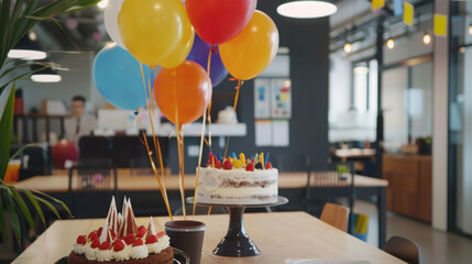 Birthday celebration with cakes and balloons in a modern office setting with natural light