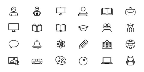 Fototapeta premium Education & Knowledge Sharing Icon Bundle – Minimalist Line Art Teaching, Learning, Graduation, Classroom, E-Learning, Diploma, Library, and Student – Academic Vector Icons