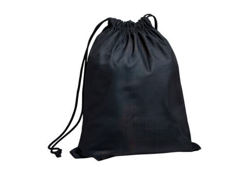 Black drawstring backpack on transparent background, PNG	