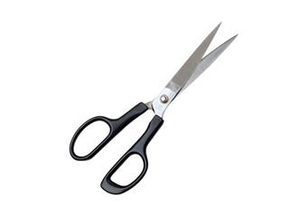 Black handled stainless steel scissors on transparent background, PNG	